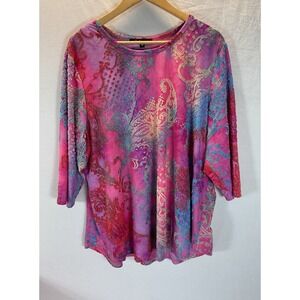 Calessa Boho Embroidered 3/4 Sleeve Tie Dye Plus Size Top‎ 3X Pink Bright